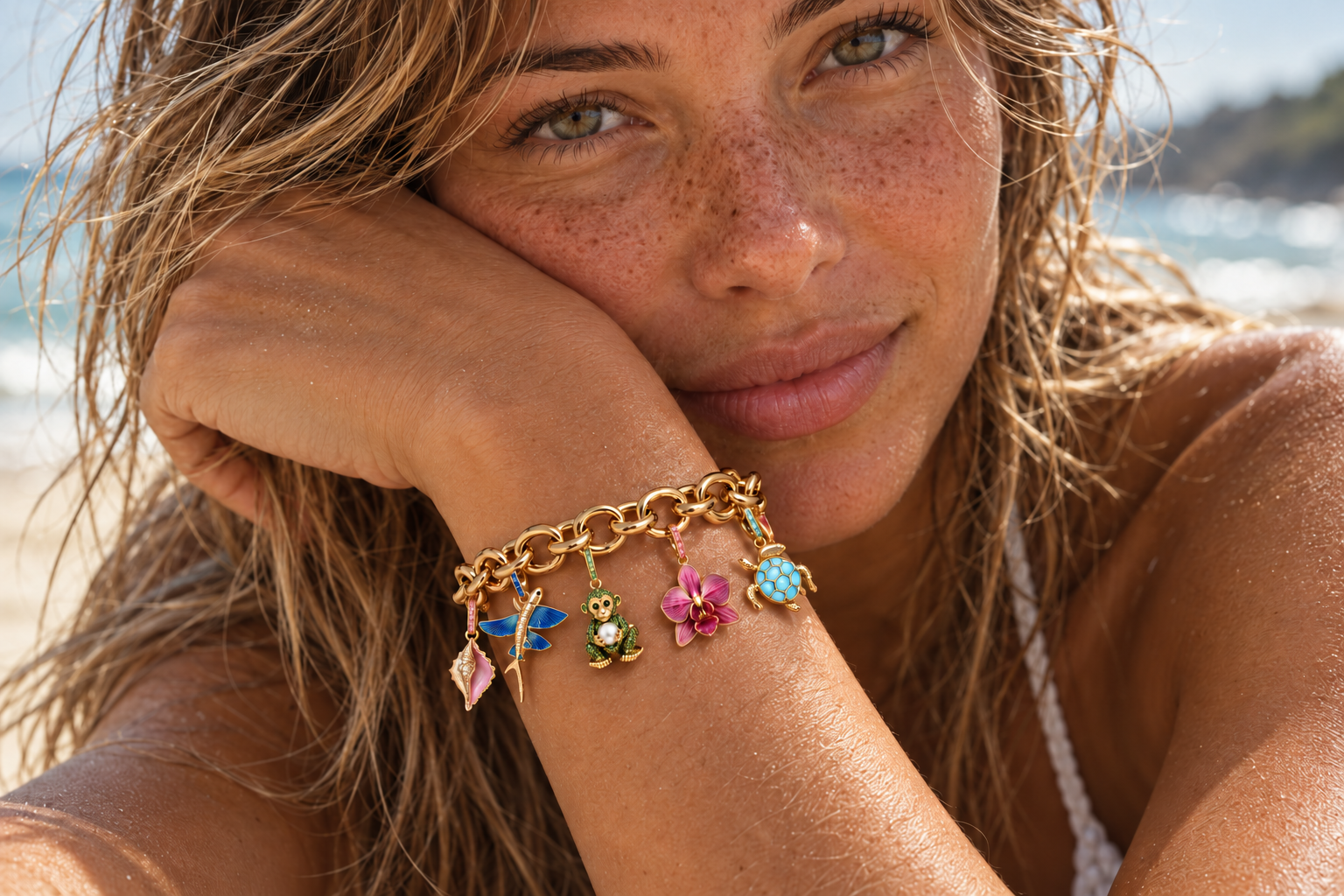 Model wearing the Barbados-inspired charm bracelet