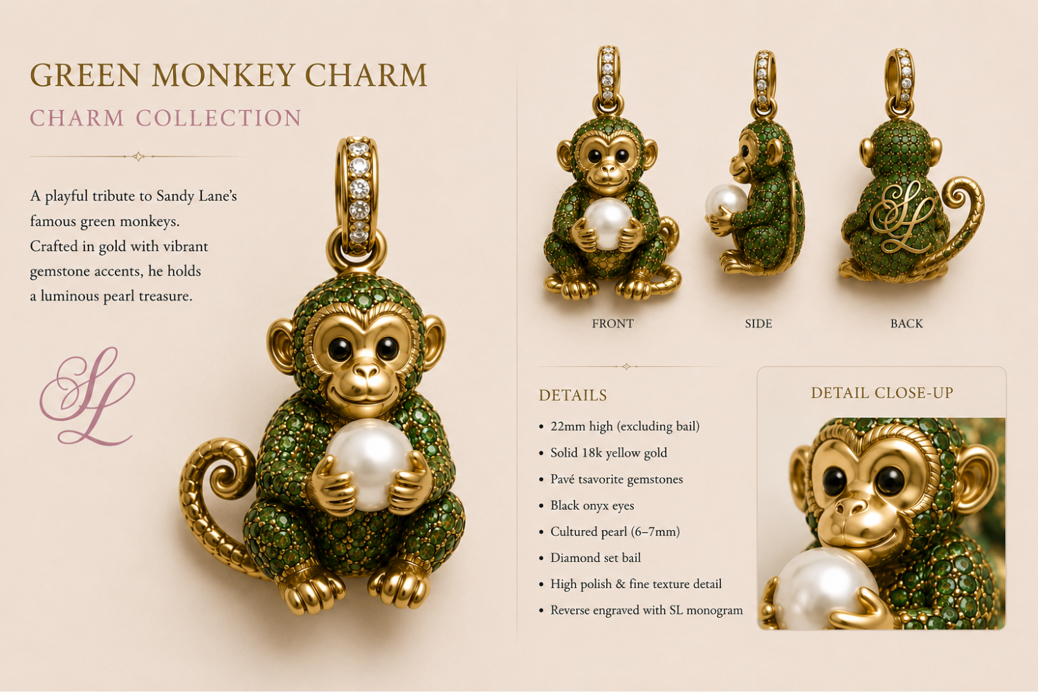 Sandy Lane exclusive 18-karat gold green monkey charm concept, shown from multiple angles